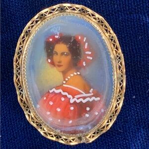 Antique 12kt Gold Filled Brooch with Hand Painted Portrait on Paper